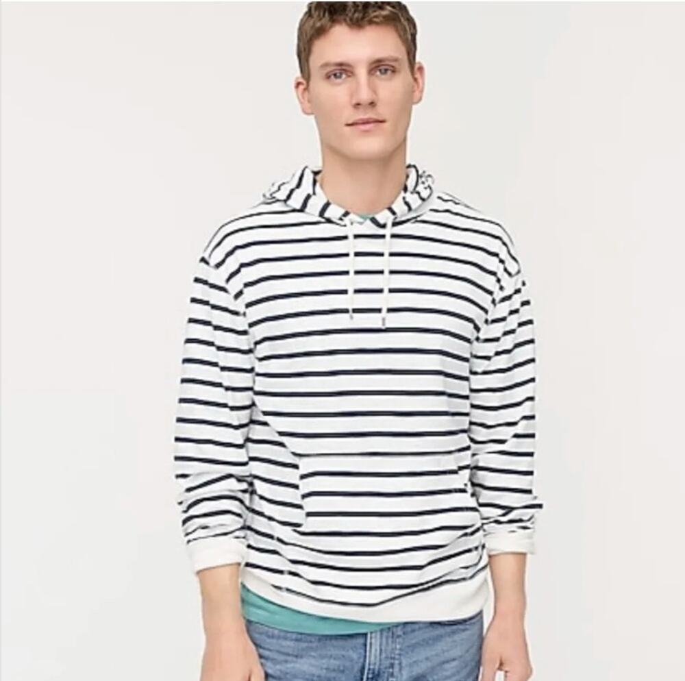 J. Crew Slub Cotton Hoodie in Mountain White Stripe AL957 Mens Size M